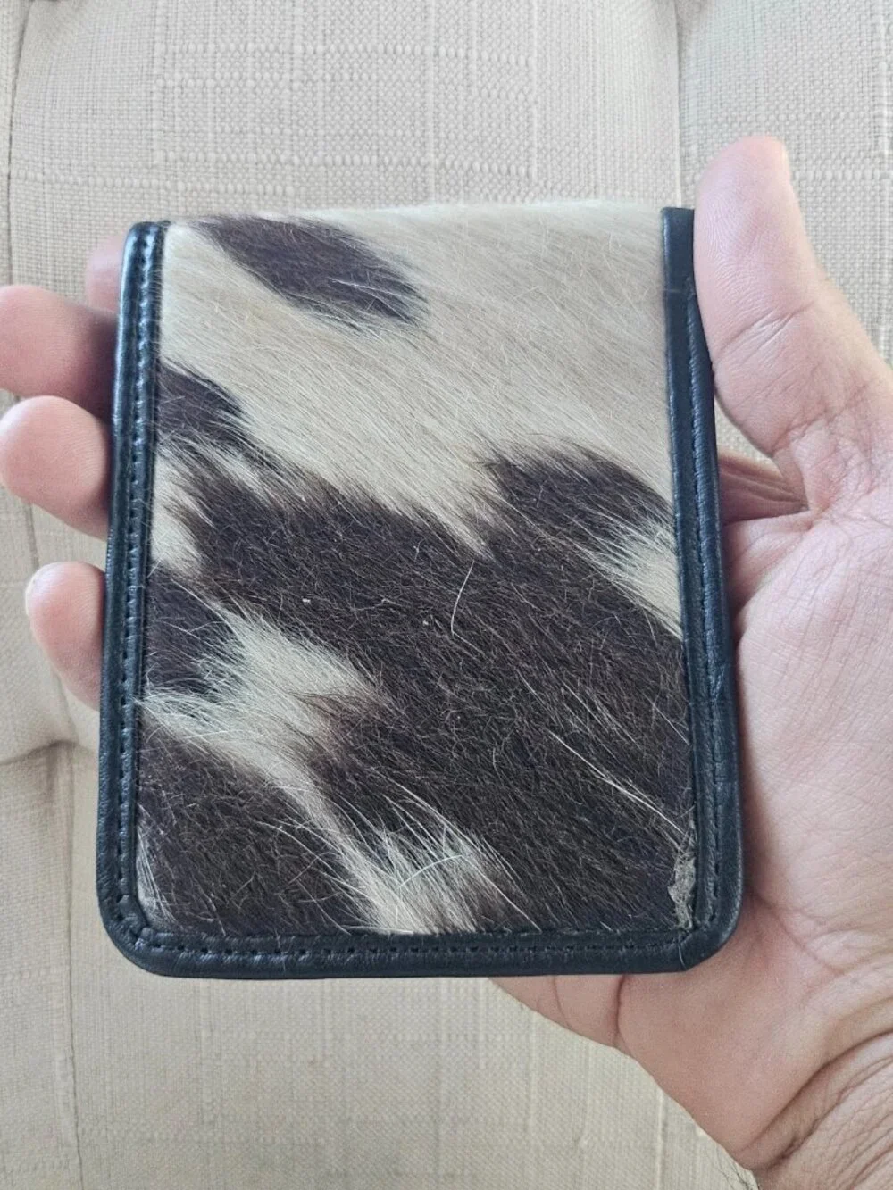 Fur Leather Wallet Unisex Card Holder Handmade Billfold Brown/White Purse New